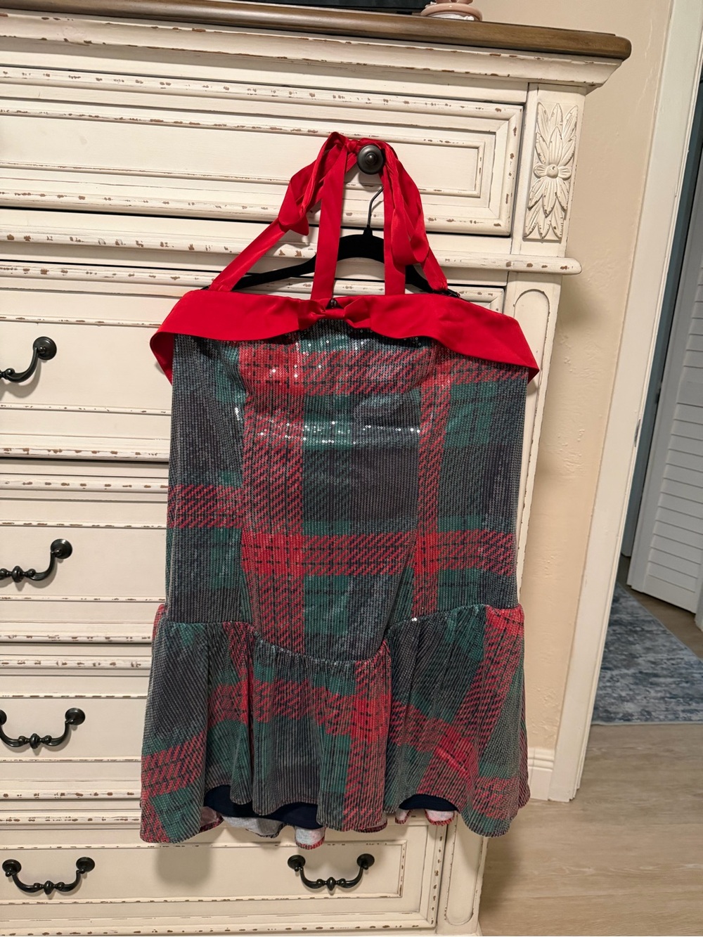 Strapless Plaid Dress in Red and Green with Red Trim- HOLIDAY READY